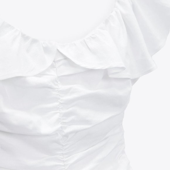 ZARA WHITE LINEN BLEND DRAPED DRESS WITH RUFFLES - Picture 4 of 10